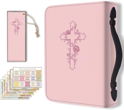 Grote Bijbelhoes van PU Leer met Boekenlegger en Draagtas voor Christelijke Notitieboeken, Roze met Kruis en Bloemen, Ideaal voor Vrouwen en Mannen