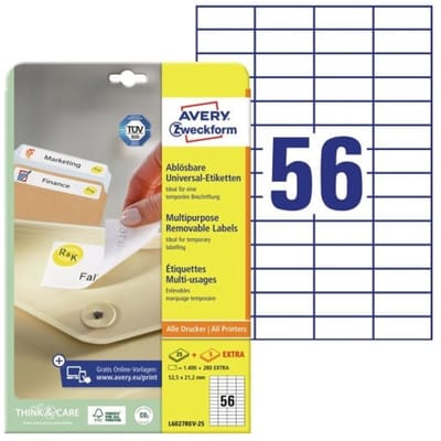 Avery L6027REV-25, Wit, Rechthoek, Verwijderbaar, A4, Universeel, Papier