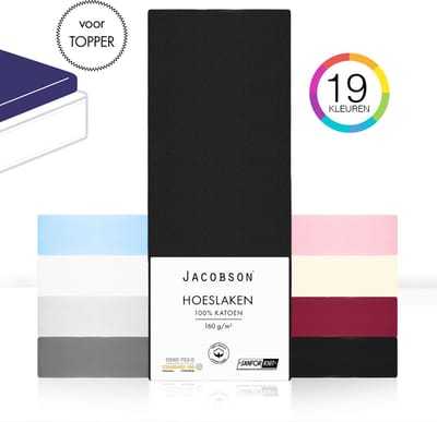 Jacobson - Hoeslaken Topper – 100% Jersey Katoen – 180x200 cm – Zwart