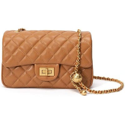 Toplaag Leer Diamant Tas Kleine Geur Stijl Dames Tas High-end Kleine Gouden Bal Enkele Schouder Crossbody Tas Kettingtas bruin