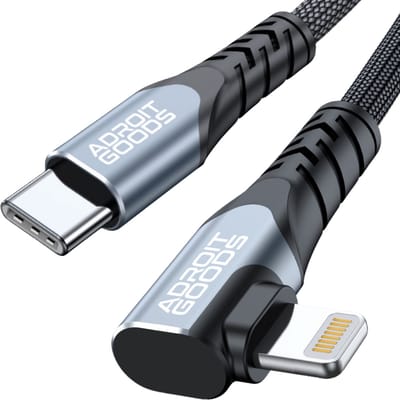 AdroitGoods 3A USB-C Oplaadkabel met Haakse Connector – Geschikt voor iPhone en Apple-apparaten met Lightning-connector – PD Snelladen – Nylon Gevlochten – 0,5 m