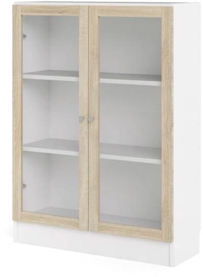 Base wandkast 2 glazen deuren wit, eiken structuur decor.