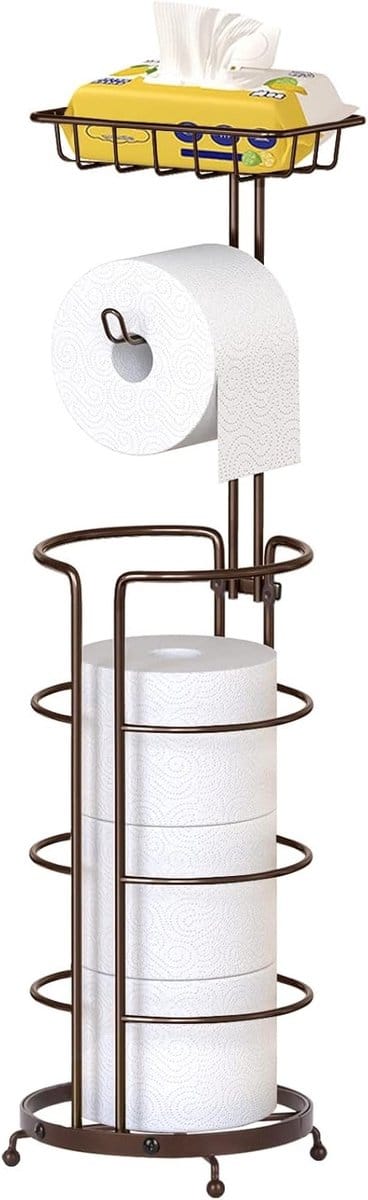 Vrijstaande Toiletpapierhouder van Metaal - Toiletpapieropslag voor 5 Rollen met Plank - Geen Boren Nodig voor Badkamer