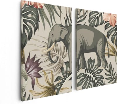 Artaza Canvas Schilderij Tweeluik Tropisch Getekende Olifant - Abstract - 80x60 - Foto Op Canvas - Canvas Print