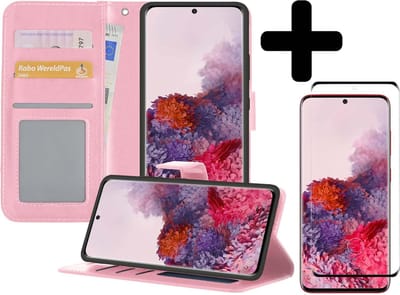 Hoesje - Met Screenprotector - Geschikt voor Samsung Galaxy S20 Ultra - Luxe Pasjeshouder - Bookcase Portemonee - Flip Case - Kunstleer Book Case - Flipcase - Book Cover - Walletcase - Portemonneehoes - Telefoonhoesjes - Lichtroze