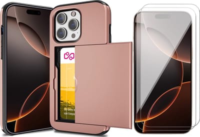 Hoesje met Pasjeshouder geschikt voor iPhone 16 Pro - 2x Screen Protector GlassGuard - Back Cover SlideCase Roségoud & Screenprotector