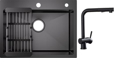 CECIPA max RVS Spoelbakken Antraciet - 60x45cm Spoelbakken met Keukenkraan Met Uittrekbare Uitloop - Spoelbakken met Afdruip - Enkele spoelbak met Afdruiprek