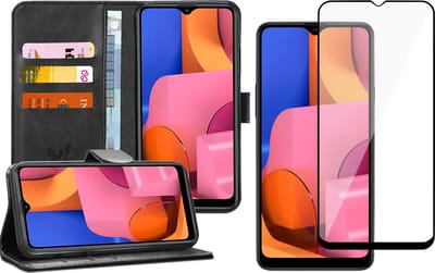 Hoesje geschikt voor Samsung Galaxy A20s - Screen Protector FullGuard - Book Case Kunstleer Pasjeshouder Zwart & Screenprotector