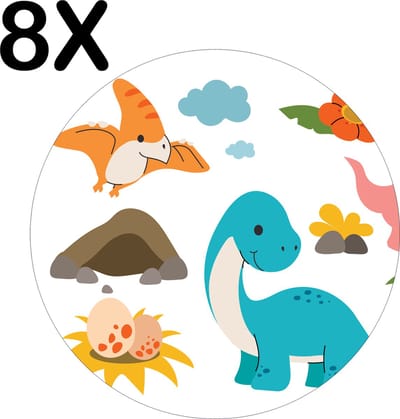 Luxe Ronde Placemat - Vrolijke Dino's - Voor Kinderen - Getekend - Set van 8 Placemats - 50x50 cm - 2 mm dik Vinyl - Anti Slip - Afneembaar