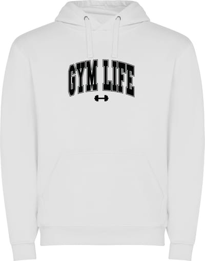 Witte unisex hoodie met “ Kleurrijke Gym Life – Op naar de Gym – Bodybuilden – Dumbell - Sport – Zet Door – Niet opgeven “ Print Full Color Color merk Roly maat S