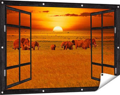 Gards Tuinposter Doorkijk Olifanten in het Wild - Zonsondergang - 120x80 cm - Tuindoek - Tuindecoratie - Wanddecoratie buiten - Tuinschilderij