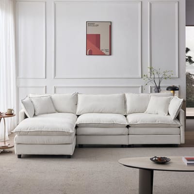 MODFU Hoekbank - Modulair Ontwerp - L-Vorm - Voor Woonkamer - Chenille - Beige - 3-Zits Met Hocker