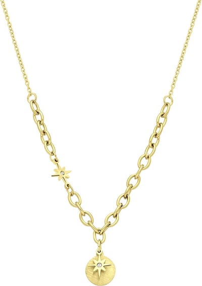 Lucardi Dames Gerecycled stalen goldplated ketting met munt en ster - Ketting - Staal - Goudkleurig - 50 cm