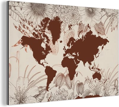 Aluminium schilderij 150x100 cm - Wanddecoratie metaal - Wereldkaart - Bloemen - Rood - Metalen muurdecoratie woonkamer - Decoratie industrieel - Foto op dibond - Industriële accessoires slaapkamer