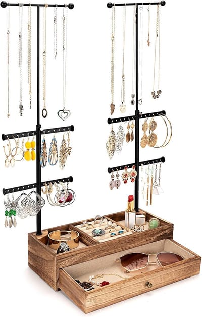 sieradenboom met verstelbare hoogte, kettingstandaard voor kettingen, oorbellen, ringen, armbanden, sieradenhouder met hout, basic sieradenopslag, organizer