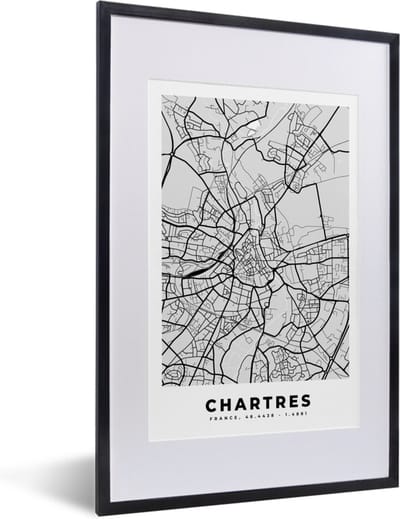 Fotolijst incl. Poster - Chartres – Plattegrond – Frankrijk – Kaart – Stadskaart - 40x60 cm - Posterlijst