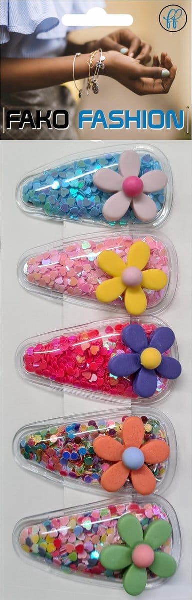 Fako Fashion - Haarspeldjes Met Lovertjes - Haarclips Voor Meisjes - Gevulde Speldjes Kind - 5 Stuks - Bloemetjes Mix