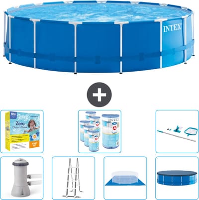 Intex Rond Frame Zwembad - 457 x 122 cm - Blauw - Inclusief Pomp - Ladder - Grondzeil - Afdekzeil Onderhoudspakket - Filters - Schoonmaakset