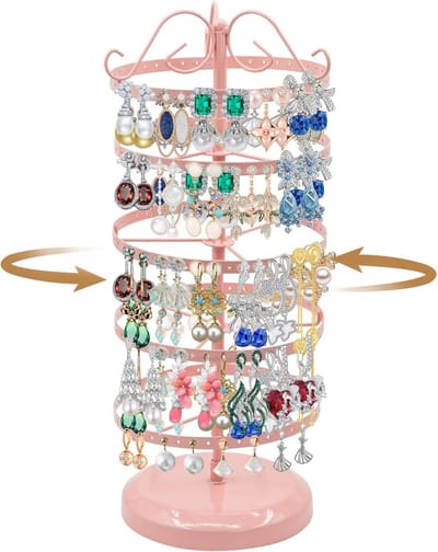 Rotating Earring Holder Organizer met 5 Lagen, Verstelbare Sieradenstandaard met 220 Gaten voor Oorbellen en Sieradenopslag in Roze