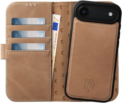 Rosso Elite Hoesje Geschikt voor Apple iPhone Air | Compatibel met MagSafe / Qi2 | Book Case en Back Cover | Magnetisch Uitneembaar | Echt Leer Beschermhoes met Pasjeshouder | Lichtbruin