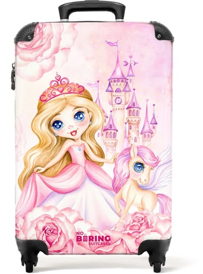 NoBoringSuitcases.com® - Kinderkoffer - Kindertrolley - Prinses - Kasteel - Roze - Handbagage koffer lichtgewicht - Reiskoffer trolley - Rolkoffer met wieltjes - Past binnen 55x40x20 en 55x35x25