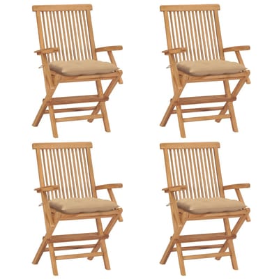vidaXL - Opklapbare - stoelen - met - beige - kussens, - 4 - stuks, - massief - teakhout