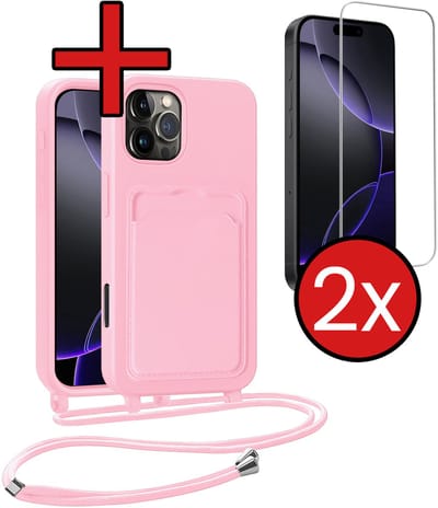 Hoesje Geschikt voor iPhone 16 Pro Hoesje Met Telefoonkoord en Pasjeshouder Met 2x Screenprotector Siliconen - Hoes Geschikt voor iPhone 16 Pro Hoesje Met Kaarthouder Case - Lichtroze