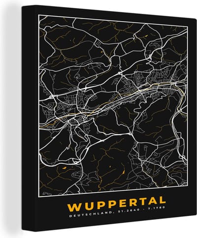 Canvas Schilderij Stadskaart – Plattegrond – Duitsland – Goud – Wuppertal – Kaart - 20x20 cm - Wanddecoratie
