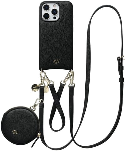 AVY Leren Hoesje geschikt voor Apple iPhone 16 Pro Max | Met Koord en Mini Telefoontasje | Compatibel met MagSafe | Leather Case met 30CM & 130CM Koord & Pouch | Leather Set | Zwart