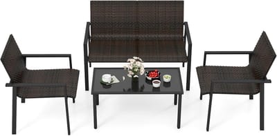 COSTWAY Polyrotan tuinmeubelset, 4-delig, terrasmeubels, zitgroep, zitgroep voor 4 personen, tuingarnituur incl. 2 stoelen, bank & tafel, voor tuin, terras, zwembad (bruin)