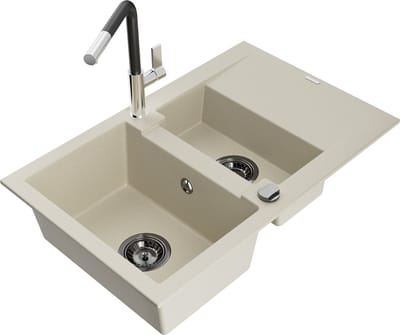 Mexen Gaspar granieten spoelbak 1,5-komor met afdruiprek en keukenkraan Flora, beige - 6507-69-670401-07-B