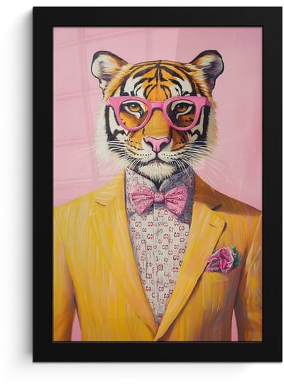 Poster in lijst - Fotolijst 20x30 cm - Posters - Tijger - Bril - Geel - Jasje - Posterlijst zwart - Decoratie - Wanddecoratie woonkamer - Muurdecoratie slaapkamer