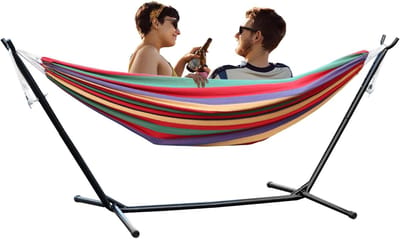 Dubbele Hangmat - Relaxstoel Buiten - Ontspannen in de tuin - Inclusief draagtas - 255cm Lang - Rood Gestreept