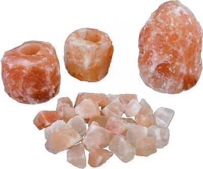 Himalaya Zoutsteen Set - Zoutlamp 2-4 kg, 2x Waxinelichthouders Groot 1-1,5kg 10x8cm, Brokken Badzout 1kg