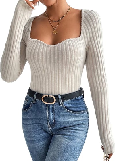 Dames Top Ribstof - Open Decolette - Shirt - Trui - Grijs - Lange Mouwen