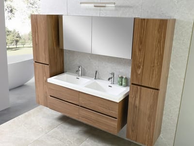 Badkamermeubel 2 persoons 120 cm - Donker hout decor - Complete set - 2 zijkasten - Incl. kranen en pop up drains