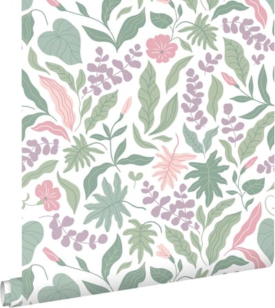 ESTAhome behang bladeren en bloemen paars, roze en groen - 50 x 900 cm - 131049