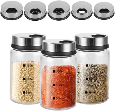 Dailygoods- Kruidenpotjes Rond 150 ml - Draaideksel - Luchtdicht - Borosilicaatglas - Roestvrij Staal - 4 Soorten Kruidengaten - Specerijpotjes
