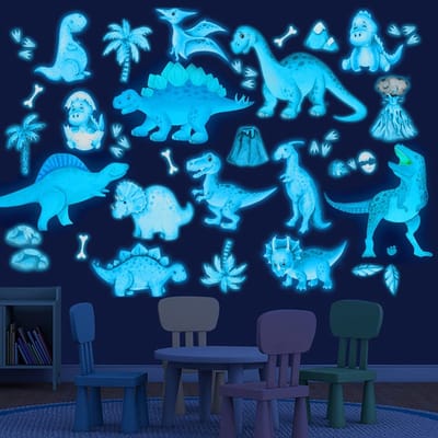 Dailygoods - Dinosaurus muursticker oplichtend voor kinderkamer, zelfklevend, blauw