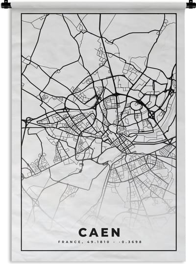 Wandkleed - Wanddoek - Kaart - Caen - Stadskaart - Frankrijk - Plattegrond - Zwart wit - 120x180 cm - Wandtapijt