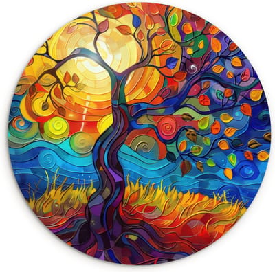 WallCircle® Wandcirkel 120x120 cm - Muurcirkel Boom - Zon - Verflook - Kleuren - Abstract - Kunst - Kinderkamer - Muurdecoratie woonkamer - Wanddecoratie slaapkamer - Kamer decoratie accessoires - Ronde schilderijen - Woonaccessoires
