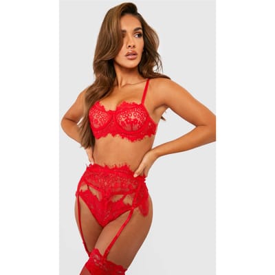 boohoo Dames Wimperkant kant bralette met bretels en string set | Rood | Maat: Medium
