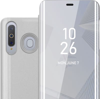 Cadorabo Hoesje geschikt voor Samsung Galaxy A8s in AGAAT ZILVER - Clear View Spiegel Beschermende Case met Tribunefunctie 360 Graden Bescherming Book Case Cover Etui
