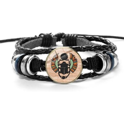 Bracelet vintage scarabée égyptien symbole de force Égypte antique punk bracelets en cuir noir tissé bracelets à boutons en verre black