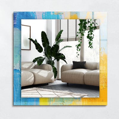 Wallfluent Spiegel - Abstracte Olieverfschilderij Vierkante vorm Spiegel - 60x60 cm - Geel op gehard Glas - Decoratieve spiegel - Badkamerspiegel - Gangspiegel - Eetkamer - Hal - Visagiespiegel