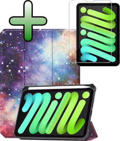 Hoesje Geschikt voor Apple iPad Mini 7 (2024) - 8.3 inch - 7e Generatie - Met Screenprotector - Trifold Bookcase - Hard Cover Case - Met Uitsparing Geschikt voor Apple Pencil - Hardcover Book - Tablet Hoes - Galaxy