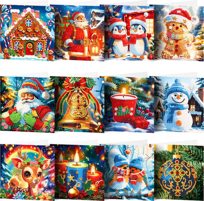 Adorzy Diamond Painting Kerstkaarten – 12 stuks - 15x15 cm - Diamond Painting pakket volledig – Diamond Painting Volwassenen