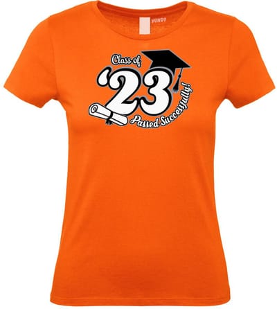 Dames T-shirt Class of '23 | Geslaagd Cadeau | Afgestudeerd | Diploma | Oranje | maat XS