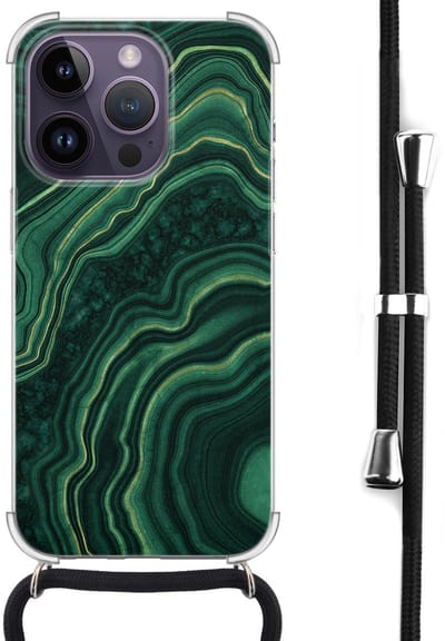 Hoesje met koord - Geschikt voor iPhone 14 Pro Max - Marmer groen agate - Verstelbaar zwart koord - Transparant, Groen - Marmer - Leuke Telefoonhoesjes