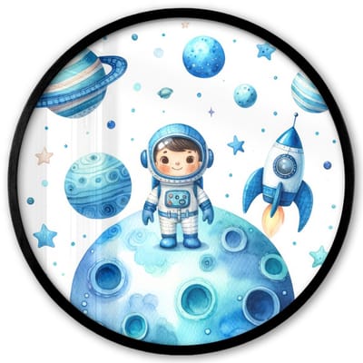 Poster in lijst Rond - Fotolijst 40x40 cm - Posters - Ruimte - Blauw - Astronaut - Sterren - Planeten - Ronde posterlijst zwart - Decoratie - Wanddecoratie woonkamer - Muurdecoratie slaapkamer